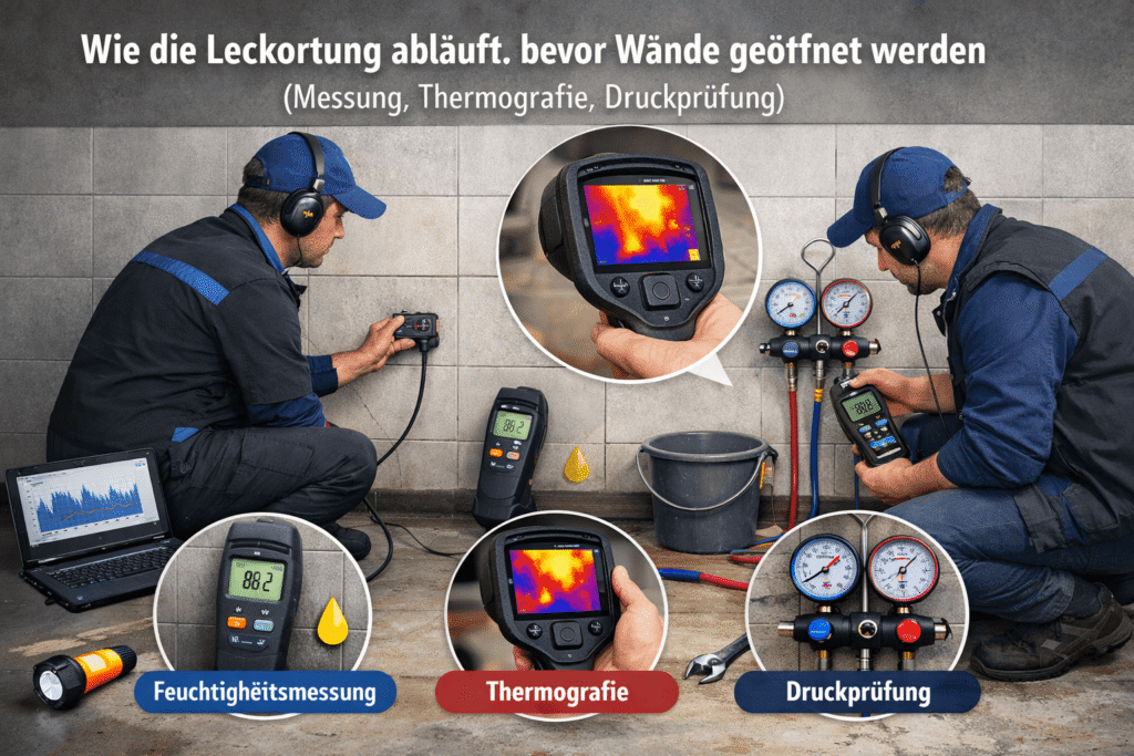 Leckortung mit Thermografie und Messung.