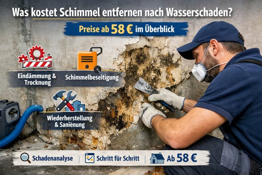 Handwerker entfernt Schimmel nach Wasserschaden – Kostenübersicht ab 58 € mit Trocknung und Sanierung
