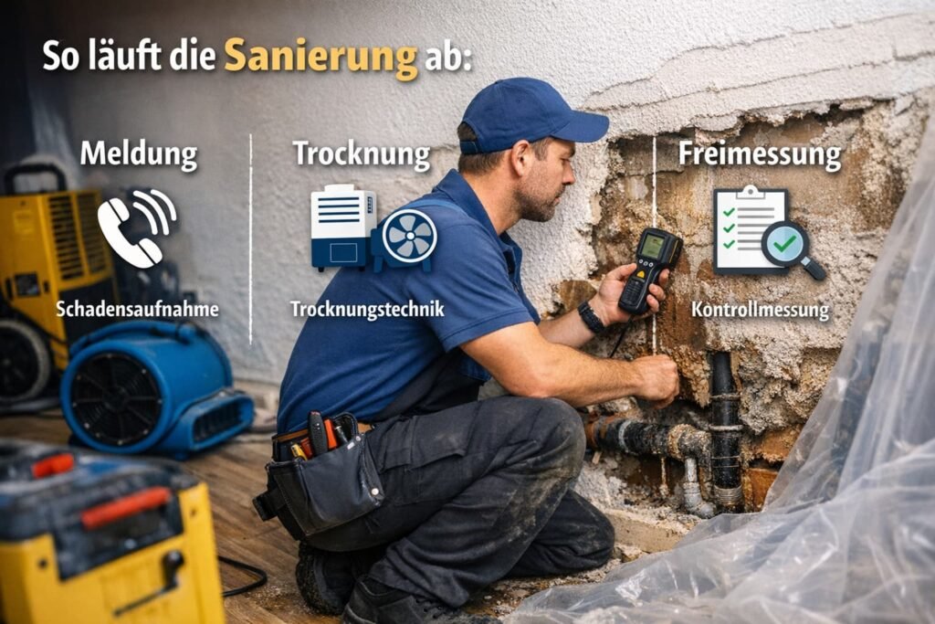 Fachmann bei der Wasserschadensanierung mit Trocknungstechnik und Feuchtigkeitsmessung in einer beschädigten Wand