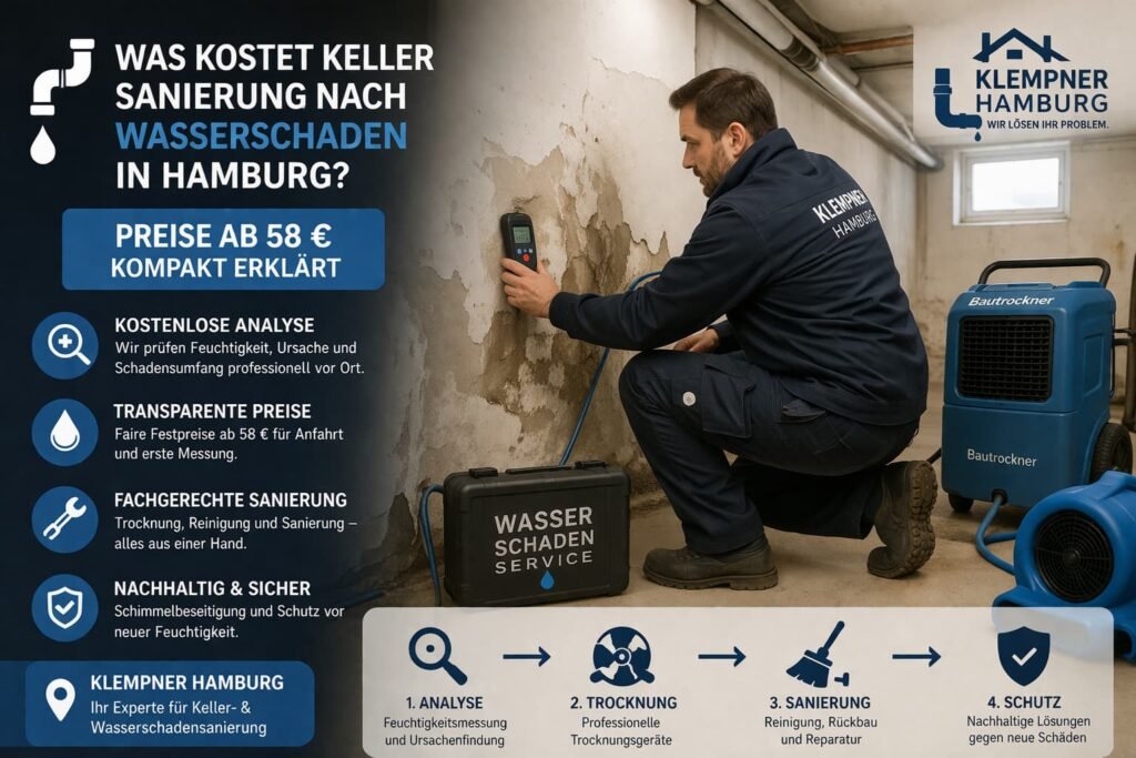 Klempner bei Wasserschaden im Keller prüft Feuchtigkeit und Zusatzkosten wie Strom, Estrich und Möbel