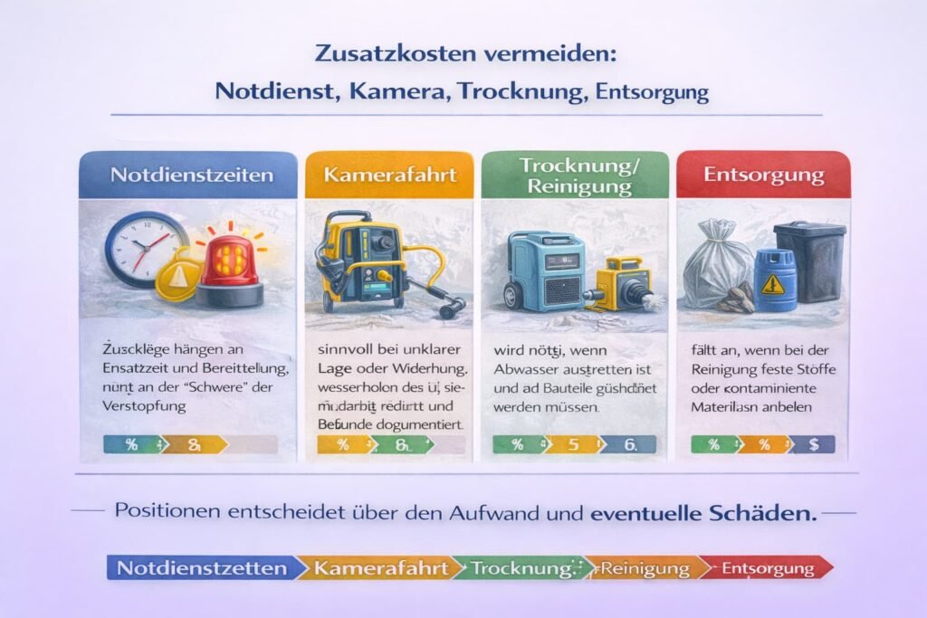 Zusatzkosten vermeiden: Notdienst, Kamera, Trocknung, Entsorgung