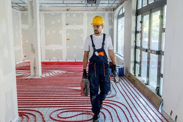 Ein professioneller Techniker ist auf die Installation und Wartung von Fußbodenheizungen spezialisiert.