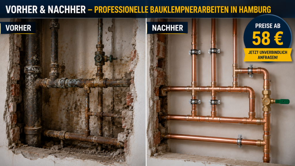 Vorher-Nachher Vergleich professioneller Bauklempnerarbeiten in Hamburg