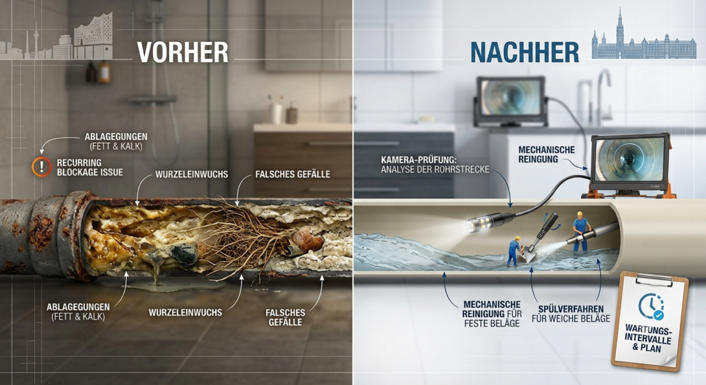 Vorher Nachher Vergleich Rohrreinigung Hamburg – Verstopfte Rohrleitung mit Wurzeleinwuchs und Ablagerungen vs. Kamera-Prüfung und mechanische Reinigung