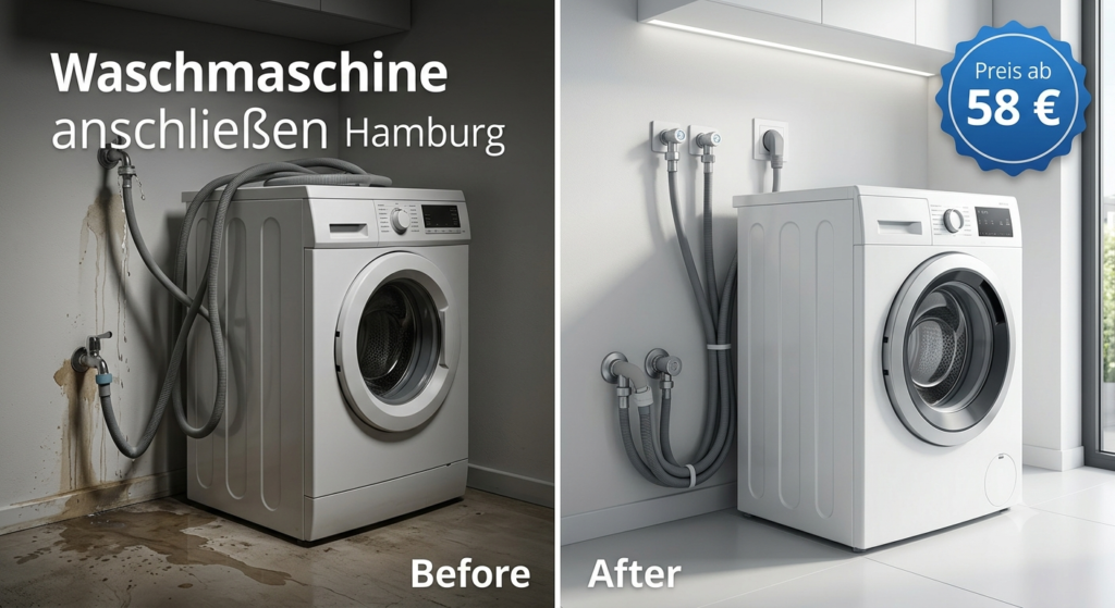 Waschmaschine anschließen Hamburg – Vorher und Nachher einer professionellen Installation, Preis ab 58 €.