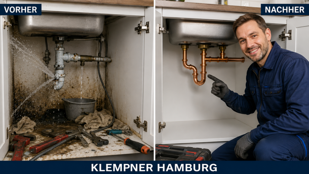 Vorher-Nachher-Vergleich einer erfolgreichen Rohrreparatur durch Klempner Hamburg.