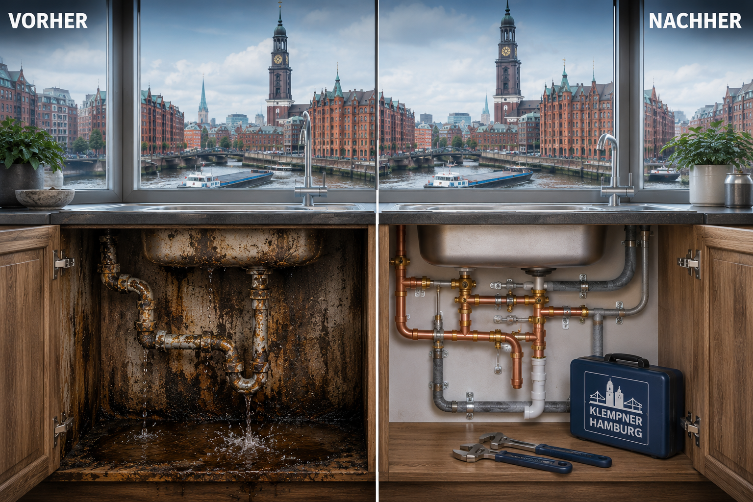 Vorher-Nachher-Vergleich einer Rohrbruch-Reparatur und Sanitärinstallation in Hamburg-Eimsbüttel durch Klempner Hamburg