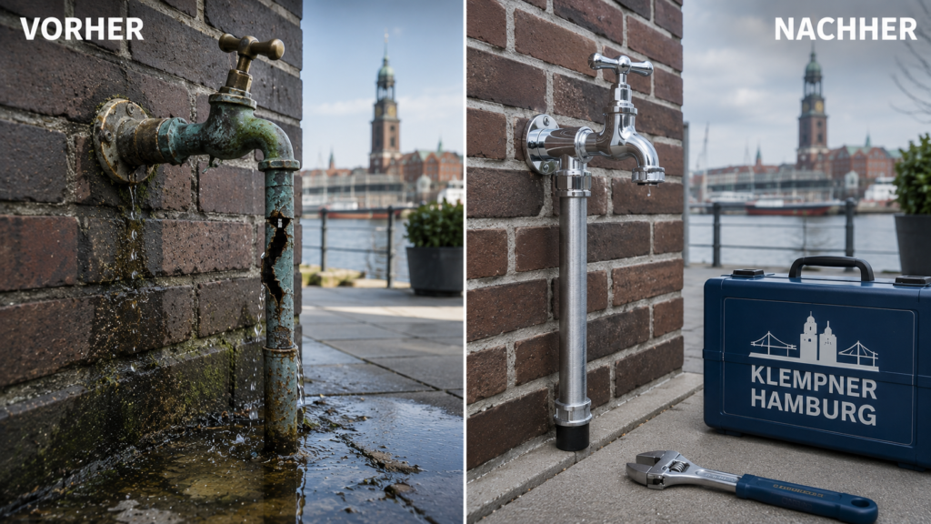 Vorher-Nachher-Vergleich einer Reparatur an einem verrosteten Außenwasserhahn und Wasserrohr in Hamburg durch Klempner Hamburg