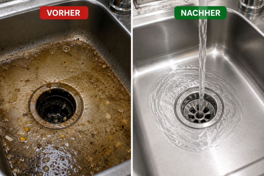 Vorher-Nachher-Bild einer Küchenspüle mit verstopftem Abfluss und verschmutztem Wasser vor der Rohrreinigung sowie einer sauberen Edelstahlspüle mit frei fließendem Wasser nach der professionellen Reinigung.