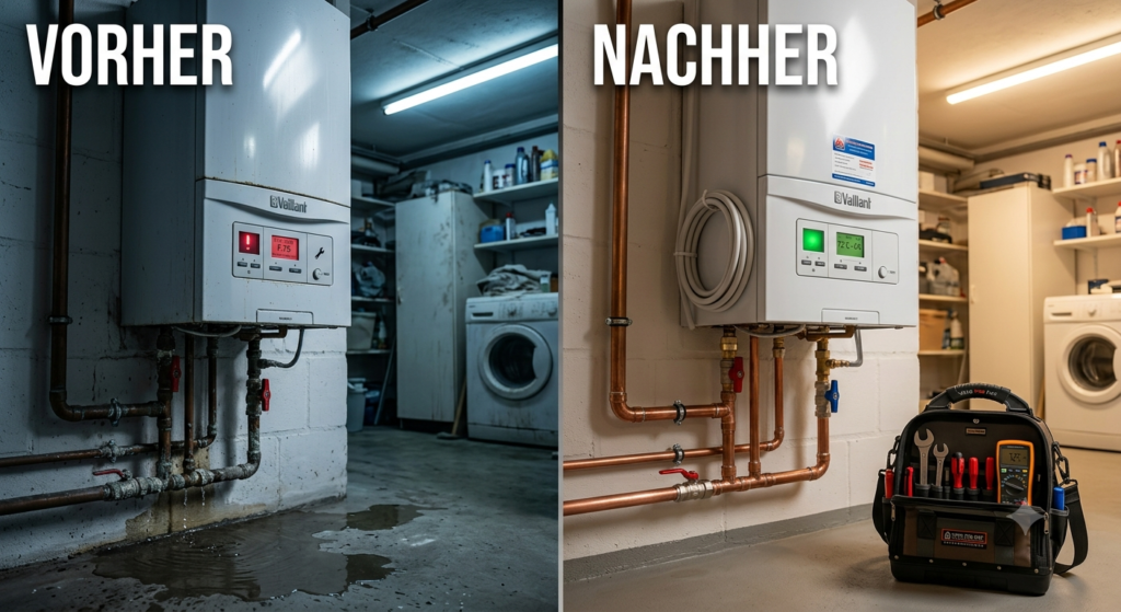 "Ein Vorher-Nachher-Vergleich eines Heizungsnotdienstes. Auf der linken Seite ('VORHER') sieht man einen defekten, tropfenden Vaillant-Heizkessel mit einer roten Fehlermeldung auf dem Display, einer großen Wasserpfütze auf dem Boden und kühlem, dunklem Licht. Auf der rechten Seite ('NACHHER') ist der Heizkessel repariert, das Display leuchtet grün, die Rohre sind trocken, der Boden ist sauber, und eine professionelle Werkzeugtasche steht in einem warm, hell beleuchteten Raum."