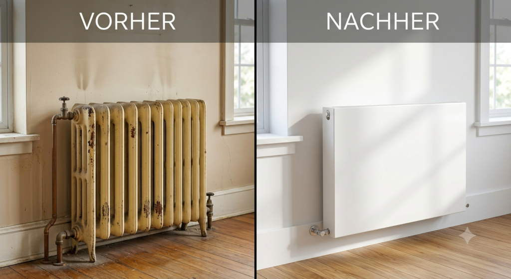 "Ein Vorher-Nachher-Vergleich einer Heizungsmodernisierung. Auf der linken Seite ('VORHER') sieht man einen alten, vergilbten und rostigen Rippenheizkörper vor einer fleckigen Wand. Auf der rechten Seite ('NACHHER') ist an derselben Stelle ein neuer, flacher und strahlend weißer Design-Heizkörper an einer frisch gestrichenen Wand installiert."