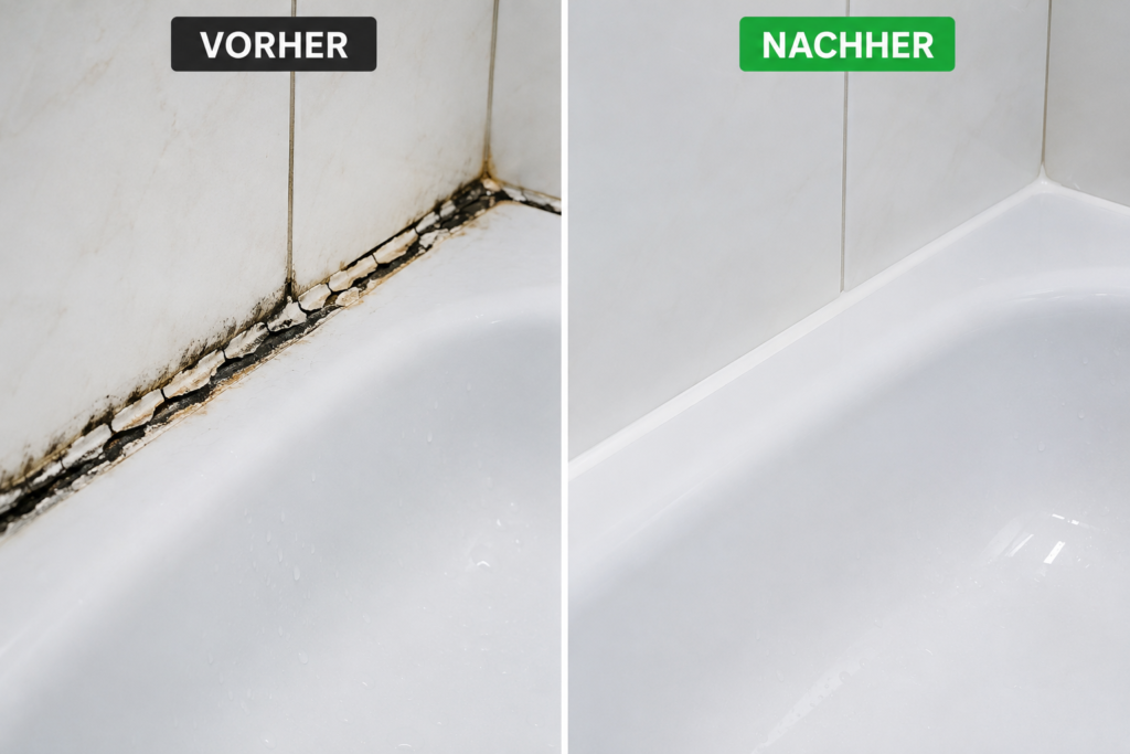 Vorher-Nachher-Bild einer Badewanne mit beschädigter, verschimmelter Silikonfuge vor der Sanierung und einer neuen, glatten, professionell erneuerten Silikonfuge nach der Abdichtung.
