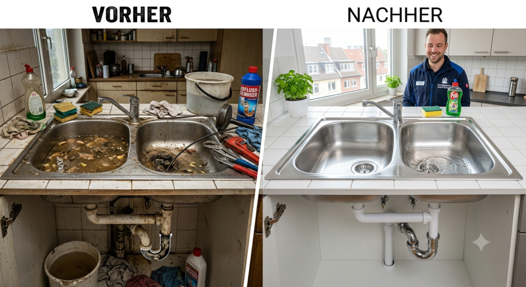 Vorher und nachher einer professionellen Rohrreinigung in Hamburg mit sauberem Wasserabfluss